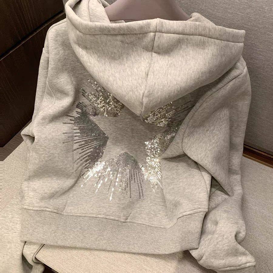 美式复古珠片绣连帽拉链卫衣女秋冬加绒保暖慵懒短款外套开衫上衣,女装/女士精品,卫衣/绒衫,淘宝优惠券,粉丝福利购,淘宝优惠卷