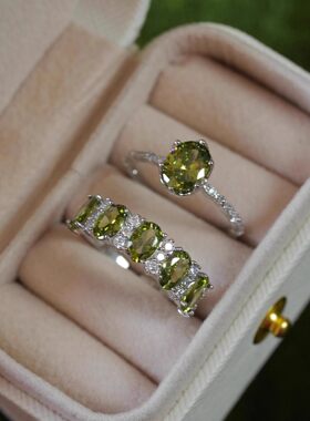 法式复古橄榄绿锆石开口戒指