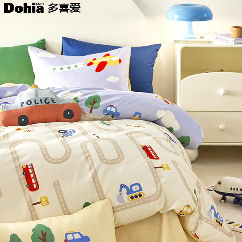 多喜爱儿童四件套汽车公路男孩纯棉全卡通床上用品新品被套三件套