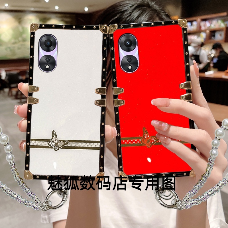 新款镶钻蝴蝶适用于OPPOA58方形电镀手机外壳A58x全包边四角加厚防摔带手链保护套