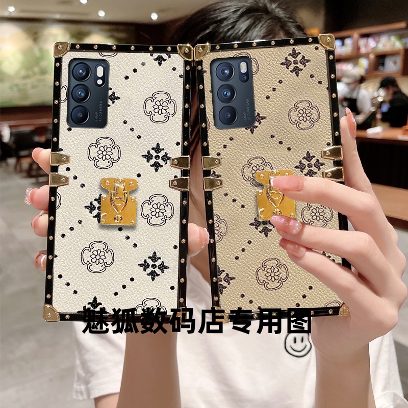 新款皮纹花朵适用于OPPOReno6pro+方形手机壳Reno6全包四角加厚防摔带锁帖保护套