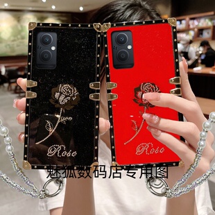 镶钻玫瑰花适用于OPPOA96方形电镀手机外壳A96全包四角加厚防摔带手链保护套 新款