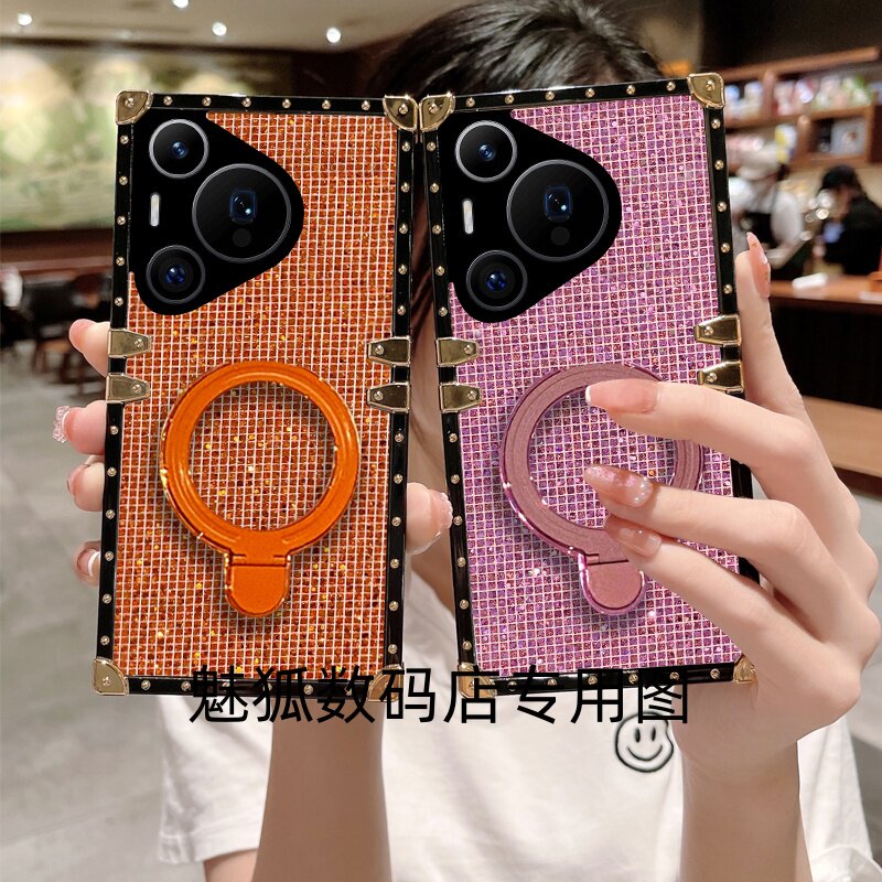 新款格子闪粉适用于华为Pura70pro+方形手机外壳Pura70全包四角加厚防摔带支架保护套