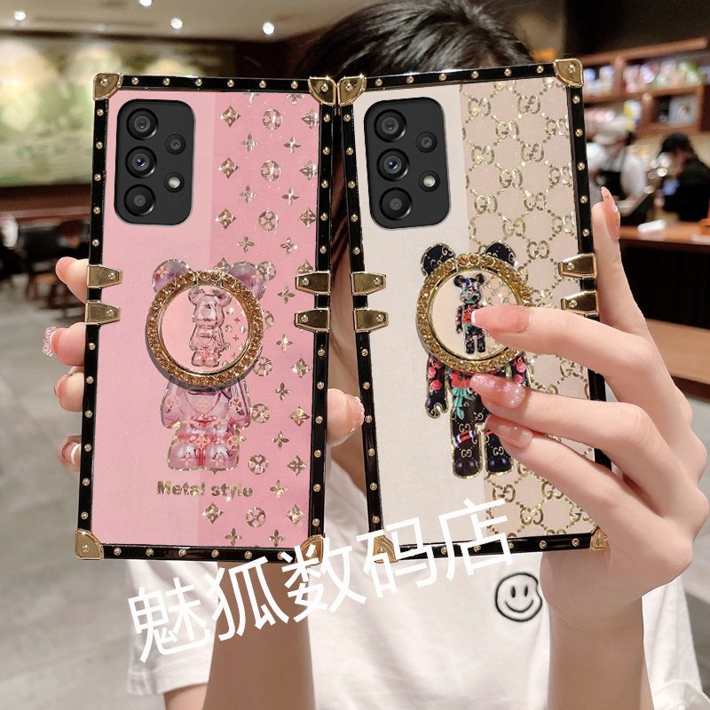 新款潮牌卡通小熊适用于三星A22方形手机壳SamsungA22s全包四角加厚防摔带支架耐脏A22保护套