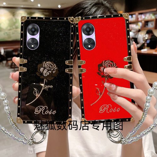 新款镶钻玫瑰花适用于OPPOA58方形电镀手机外壳A58x全包四角加厚防摔带手链保护套