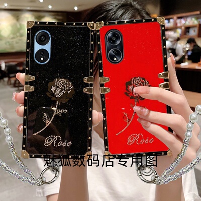 新款镶钻玫瑰花适用于OPPOA1pro方形电镀手机外壳A1活力版全包四角加厚防摔带手链保护套