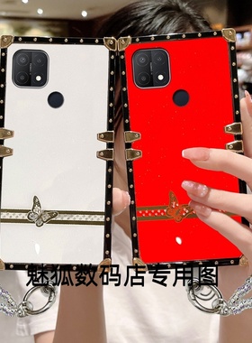 新款镶钻蝴蝶适用于OPPOA15方形电镀手机外壳A15全包边四角加厚防摔带手链保护套
