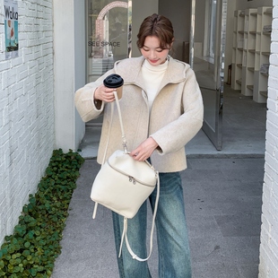 韩版宽松显瘦连帽麦檬色双面羊毛呢大衣短款毛呢外套小个子超好看