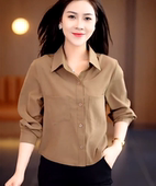 长袖 时尚 遮肚显瘦短款 2024春秋新款 上衣小个子洋气衬衣 气质女衬衫