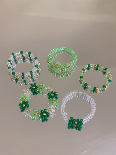 HUYA手作黛绿串珠戒指花朵手工米珠编织小众设计少女心可爱戒指