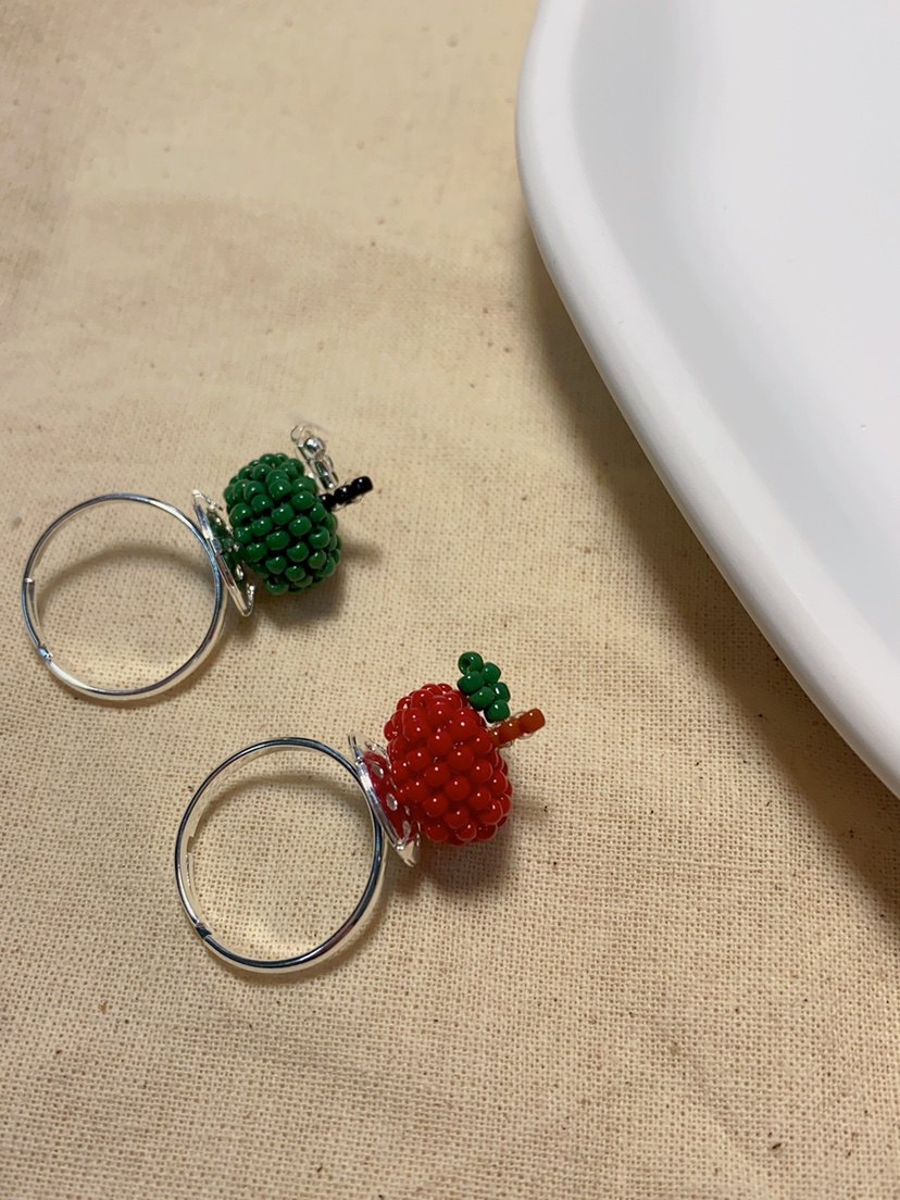 HUYA手作苹果串珠戒指复古纯手工编织青苹果少女甜美可爱戒指