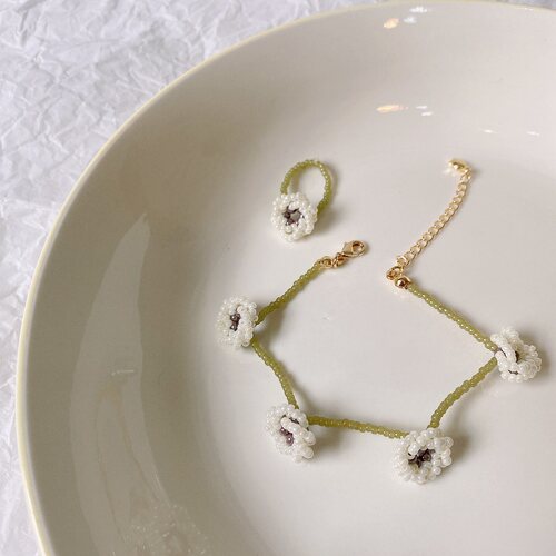HUYA手作银莲花串珠手链戒指