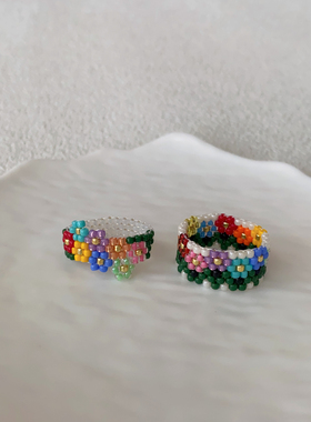 HUYA手作花园串珠戒指小众设计感手工编织花朵少女心百搭戒指女