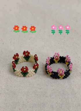 HUYA手作花园系列戒指手工编织可爱小众设计花朵串珠独特风格指环