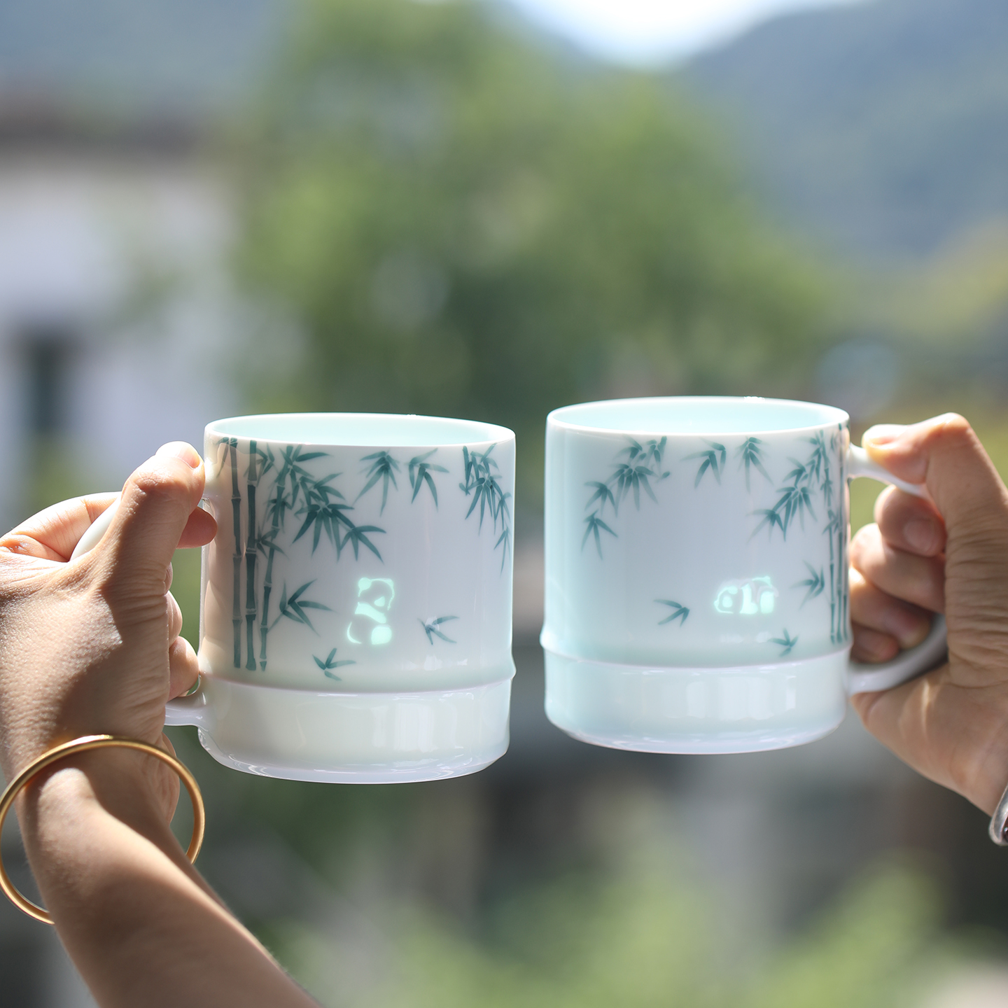 釉下手绘竹子熊猫大容量情侣杯