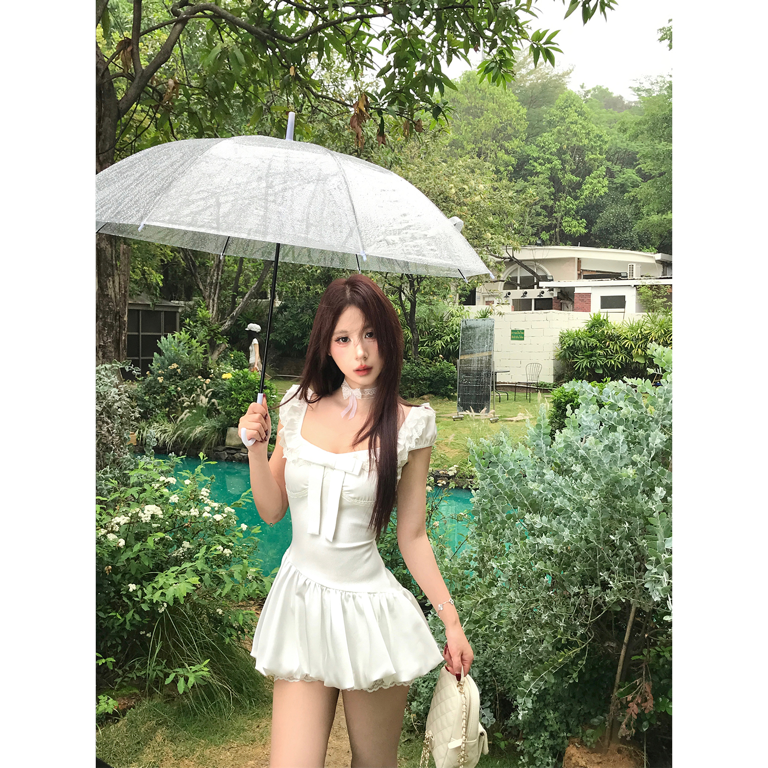 Mejiu蜜九【月光协奏】蝴蝶结甜美收腰连衣裙夏季芭蕾风修身裙子