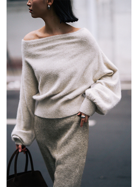 chris小倩一字斜露肩慵懒风羊毛上衣针织衫法式温柔显瘦宽松春女