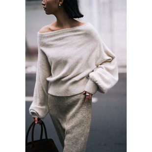 chris小倩一字斜露肩慵懒风羊毛上衣针织衫 温柔显瘦宽松春女 法式
