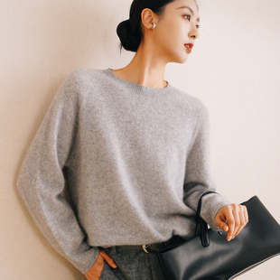 chris小倩澳毛羊绒无缝一体毛衣拉绒毛圆领宽松针织衫 内搭上衣女