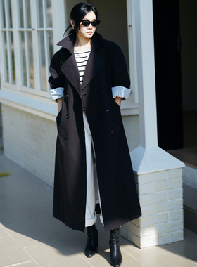 chris小倩2025春复古黑色长款西装领廓形高级设计感风大衣外套女