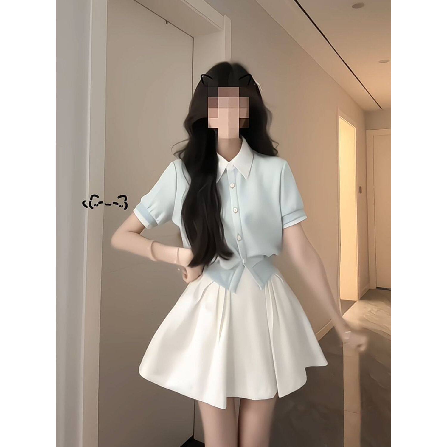 韩系学院风撞色拼接假两件短袖开衫上衣+白色蓬蓬短裙两件套