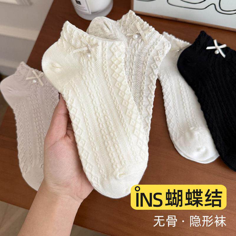 珍珠蝴蝶结中筒少女短袜