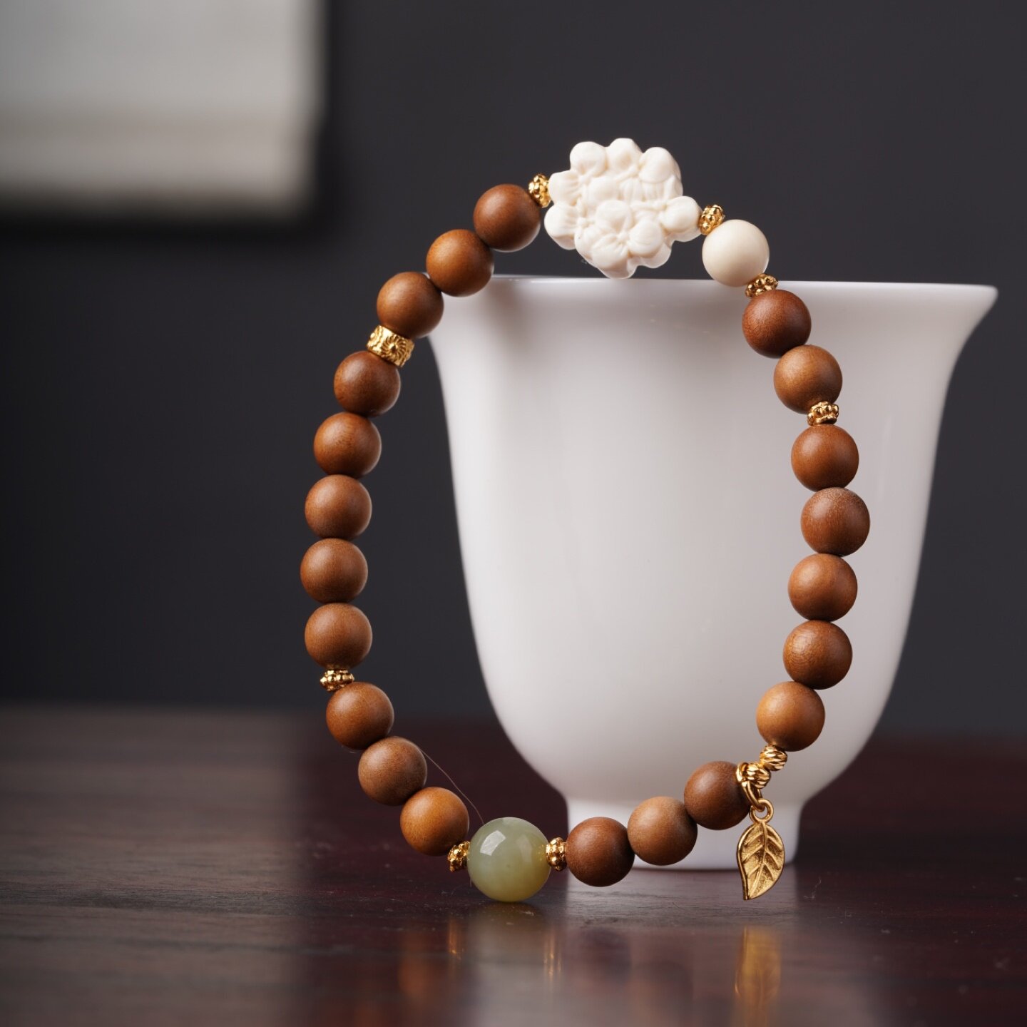 正宗老山檀香木质手串女猛犸象牙莲花装饰玉石配饰手链轻熟优雅风