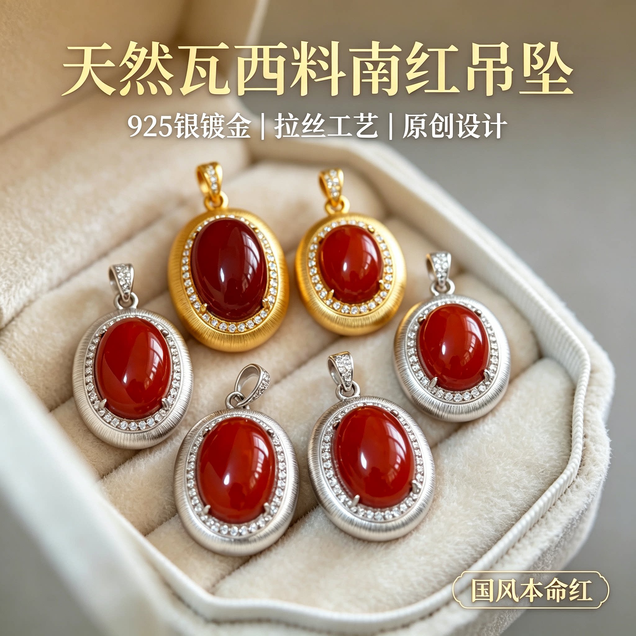 原创设计天然瓦西料南红吊坠925银镀金拉丝工艺新中式复古风
