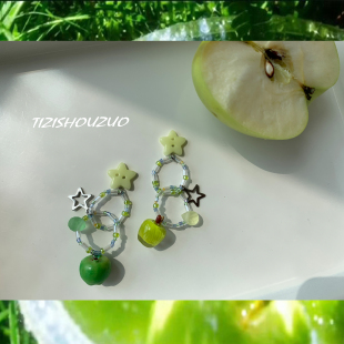 串珠水果耳环耳夹耳钉 青苹果 TIZI提子手作 原创