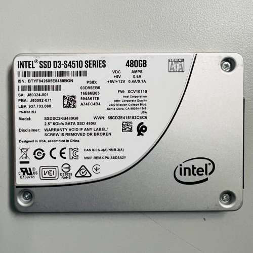 英特尔 S4510 480G SATA 2.5寸 企业级议价也可维修