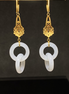 新疆和田玉白玉籽料双环耳坠18k金镶嵌 时来运转耳环精美女孩耳钉