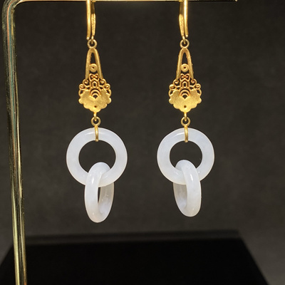 新疆和田玉白玉籽料双环耳坠18k金镶嵌 时来运转耳环精美女孩耳钉