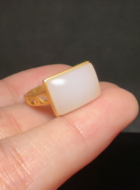 新疆和田玉白玉籽料戒指苏工精品18k金镶嵌女款玉器戒面指环17mm