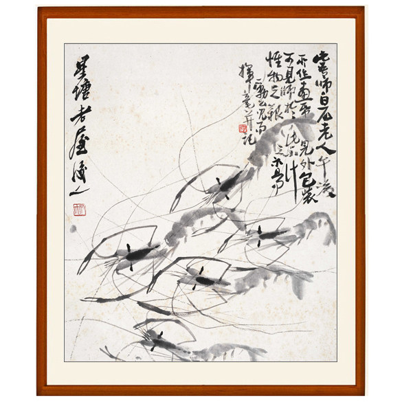 齐白石装饰画国画水墨画客厅挂画五虾图字画仿真迹花鸟画山水卷轴