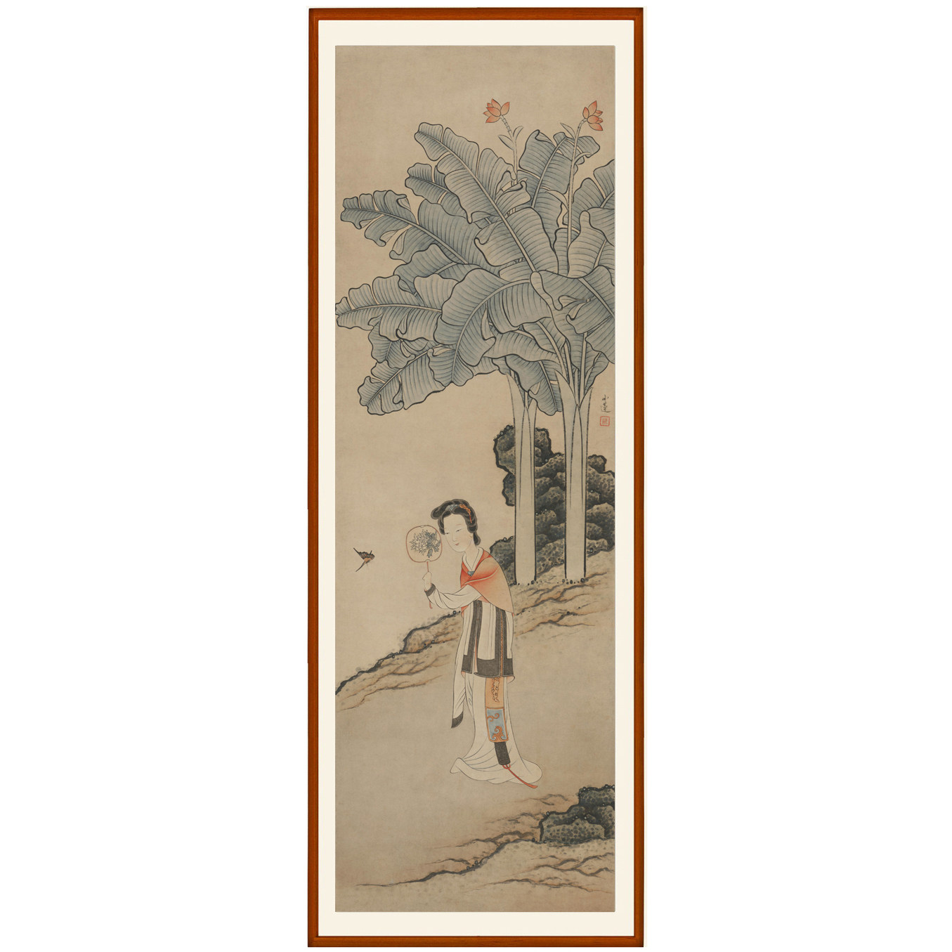 陈字挂画人物画扑蝶仕女图国画客厅卧室古代装饰画非手绘竖版卷轴