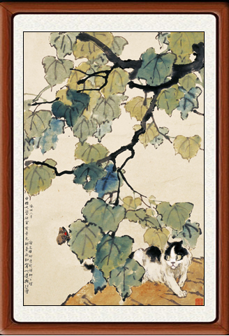装饰画字画真迹客厅印刷品挂画古董仿徐悲鸿梧桐猫蝶图赠卷轴装裱