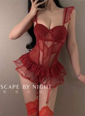 野黑玫瑰~复古性感带胸垫聚拢塑性马甲文胸吊带袜套装 趁夜出逃