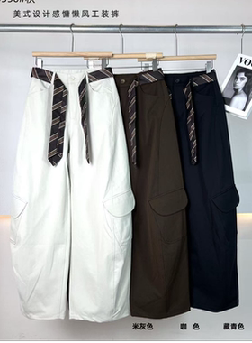 工装裤美式高腰无弹百搭宽松灰色拼接秋季休闲裤韩版25356