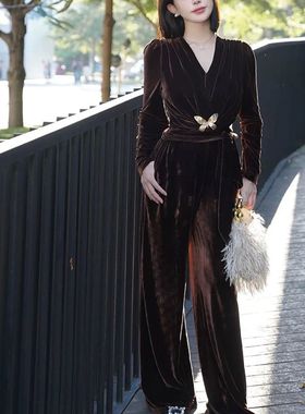 2024秋冬新款高贵气质显瘦修身绑带丝绒阔腿连体裤GZJ68082