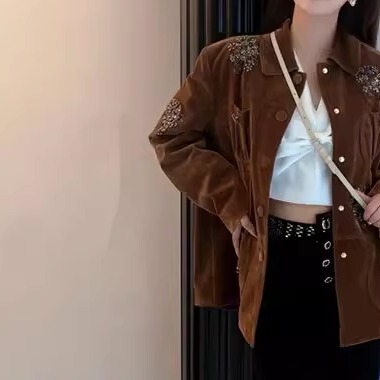 2025秋季新款复古美拉德西装丝绒中长款外套上衣GQW68210