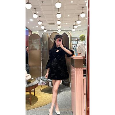 拉拉家冬季新中式廓形亭台楼阁刺绣丝绒a字连衣裙GZJ68101