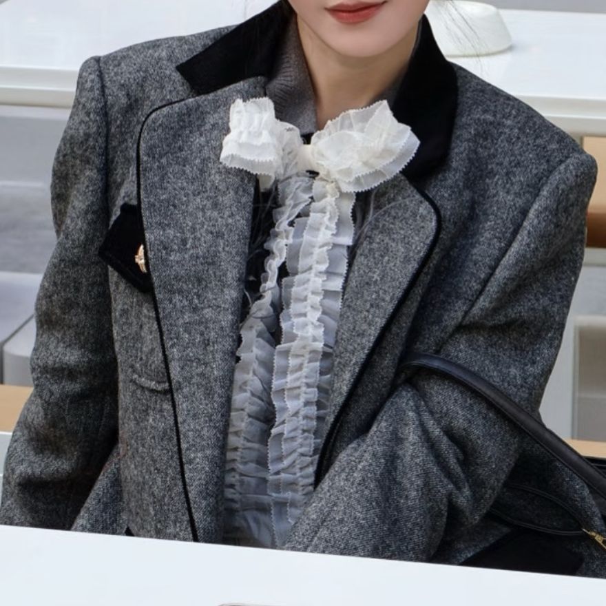 拉拉家2025秋季新款摩登风毛呢千金风撞色西装外套上衣女GZJ68218
