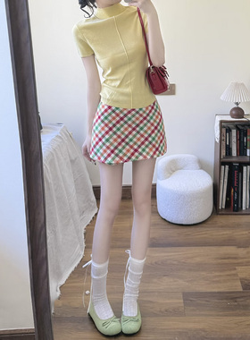 2025秋冬时尚高级感多巴胺彩色格纹毛呢半裙短裙裤女GZJ68254