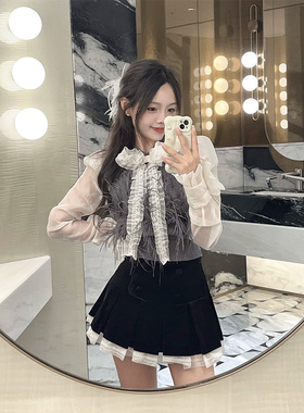 拉拉家2025秋冬新款蝴蝶结针织拼接假两件修身上衣女GFC25900