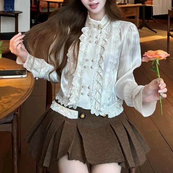 拉拉家秋冬老钱风千金风立领显瘦修身打底长袖衬衫上衣GZJ68070