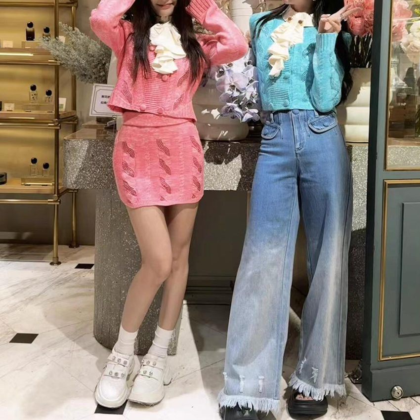 拉拉家秋冬荷叶领双排扣长袖针织开衫上衣/包臀半裙套装GQW68059