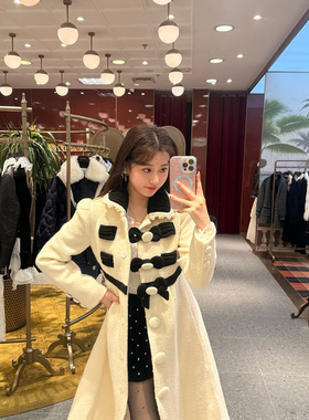 拉拉家冬季新款时尚高级感黑白撞色毛呢长款大衣女外套GZJ68253