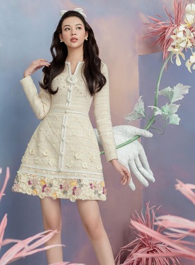 越南小众花仙子系列重工立体花朵珍珠名媛气质连衣裙GWL20230218