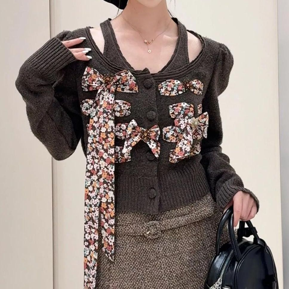 拉拉家2025冬季新款假两件印花绑带蝴蝶结针织开衫女GFC250100