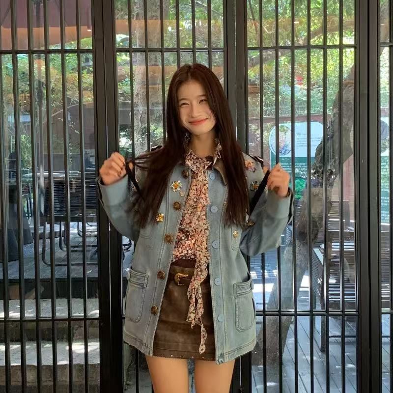 拉拉家2025冬季秋冬重磅色彩花朵亮片刺绣拼接牛仔外套GZJ68241